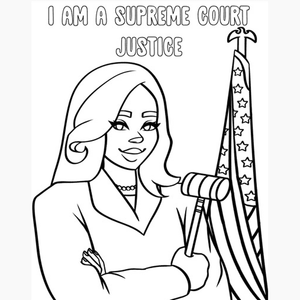 Black and White Image of a Woman as a Free Coloring Book Page with "I'm a Supreme Court Justice" Text on Top