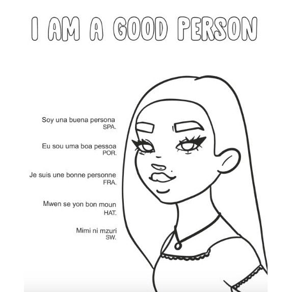 Black and White Image of a Girl as a Free Coloring Book Page with "I'm a Good Person" text on top.