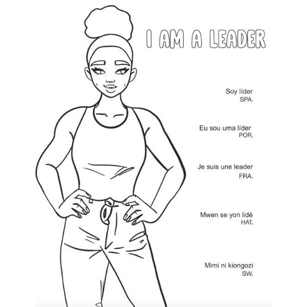 Black and White Image of a Woman as a Free Coloring Book Page with "I'm a Leader" Text on Top